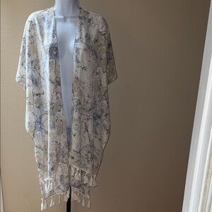 Lush Blue Tan White Marble with Tassels Kimono Swim Cover Up Women’s Size XS